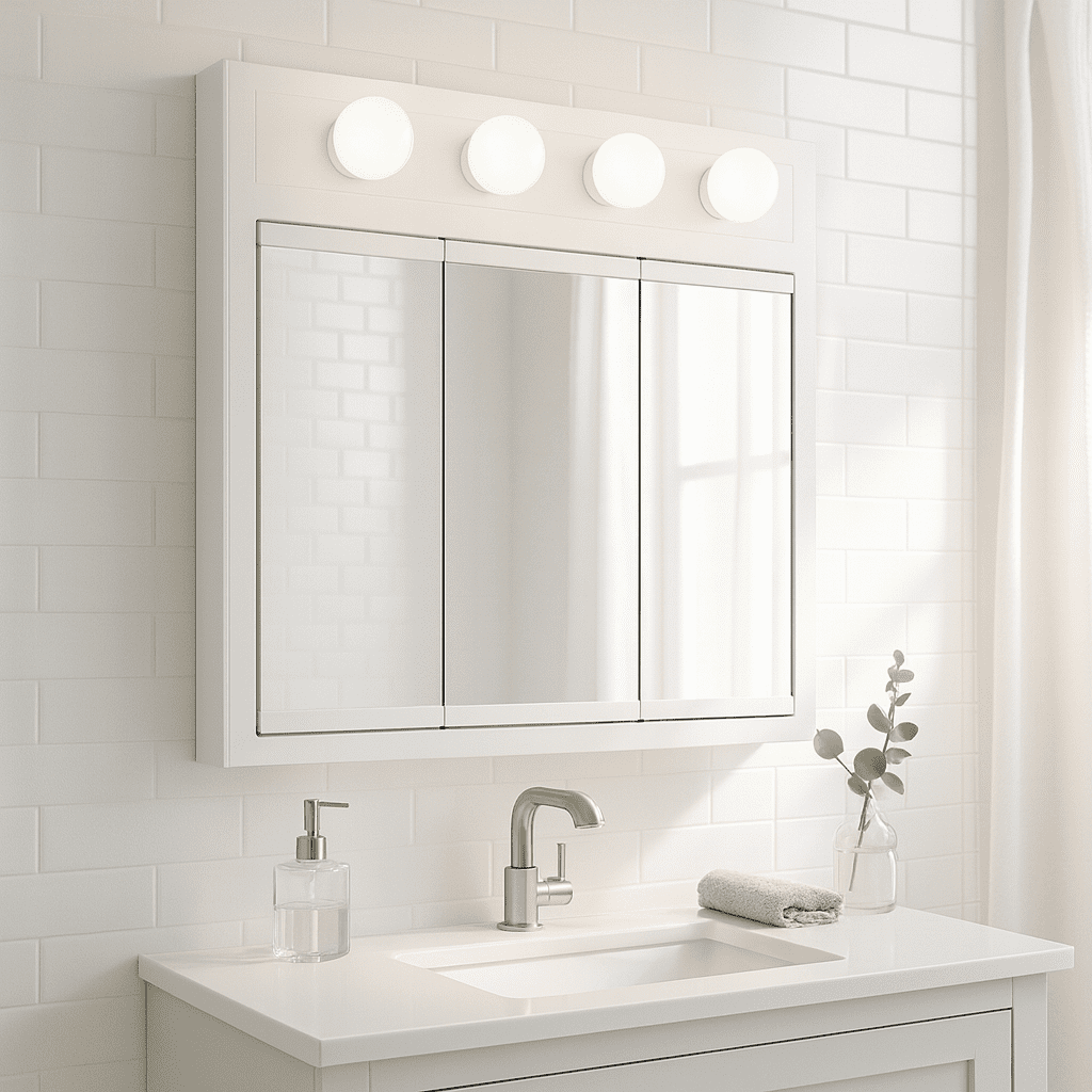Design House 30" Wood Wall Mounted 4-Light Tri-View Mirrored Bathroom Cabinet, White
