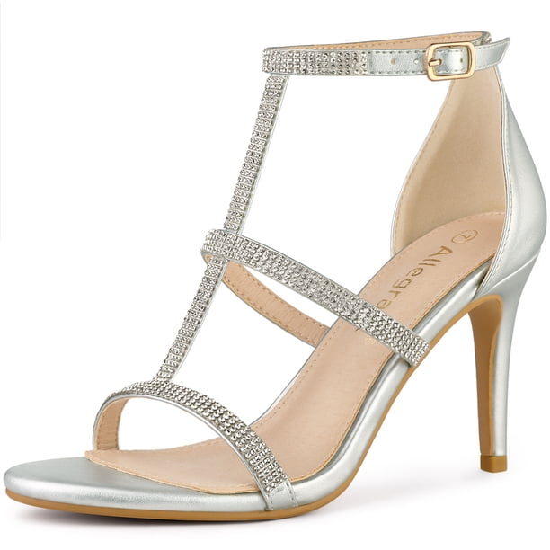 Sandalias Tacón Alto De Aguja Correa De Tobillo Diamantes De Imitación Para Mujer Plata 42.5