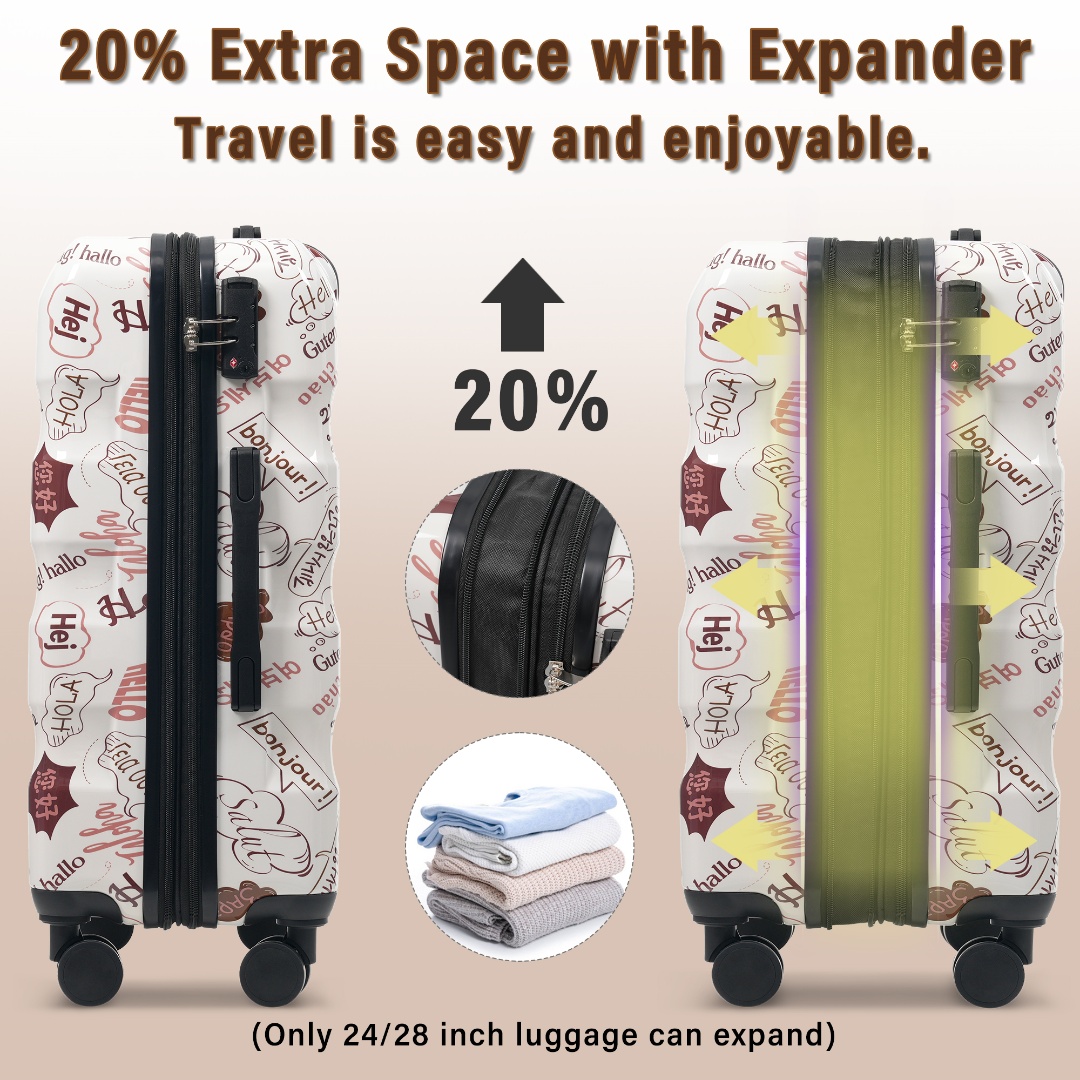 Yougu 24 Inch Expandable Checked Luggage, Lightweight Glossy Hardshell Travel Suitcase with Spinner Wheels, TSA Lock  , (White)