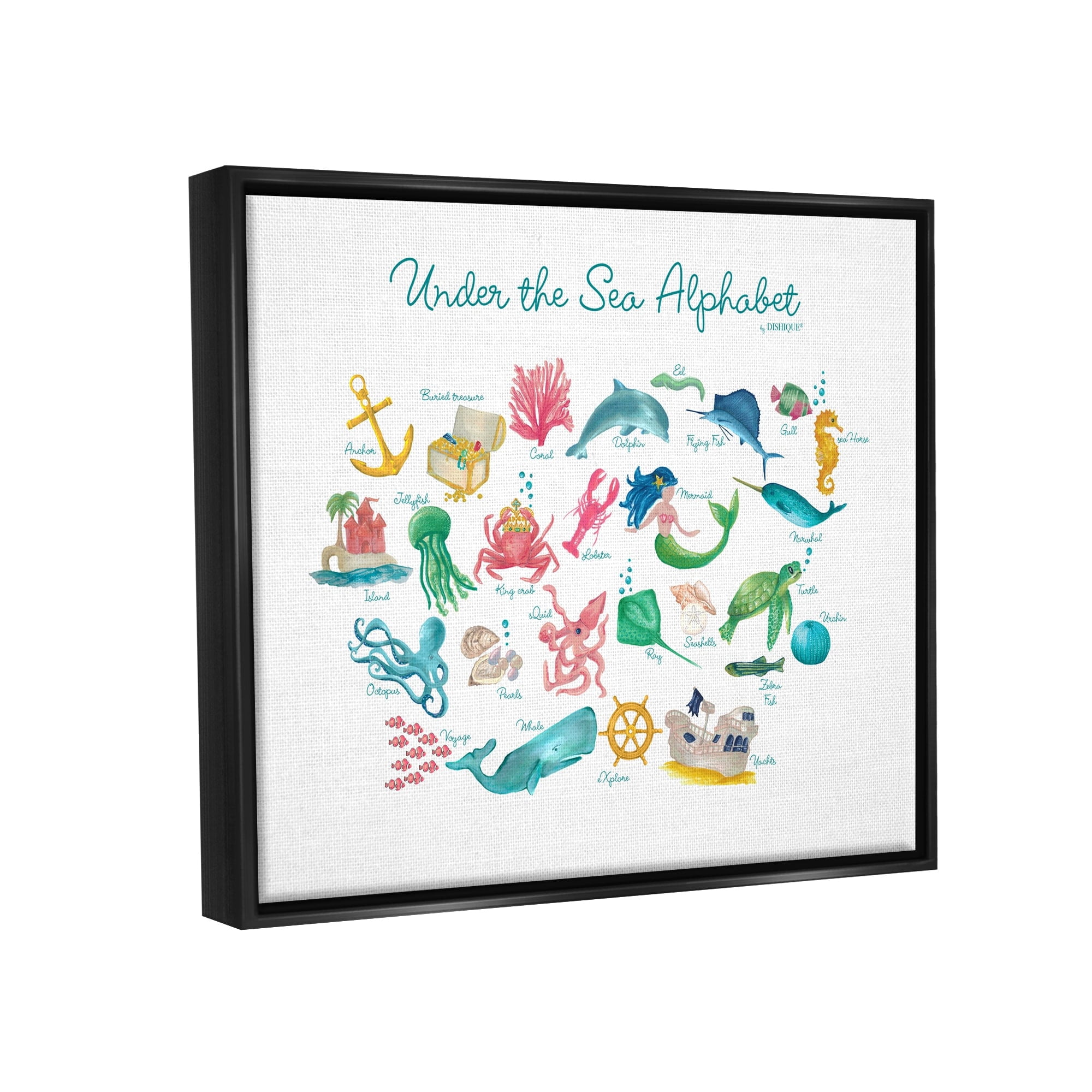Stupell Industries Under the Sea Educational Alphabet Sea Life Learning Graphic Art Jet Black Floating Framed Canvas Print Wall Art, Design by Dishique