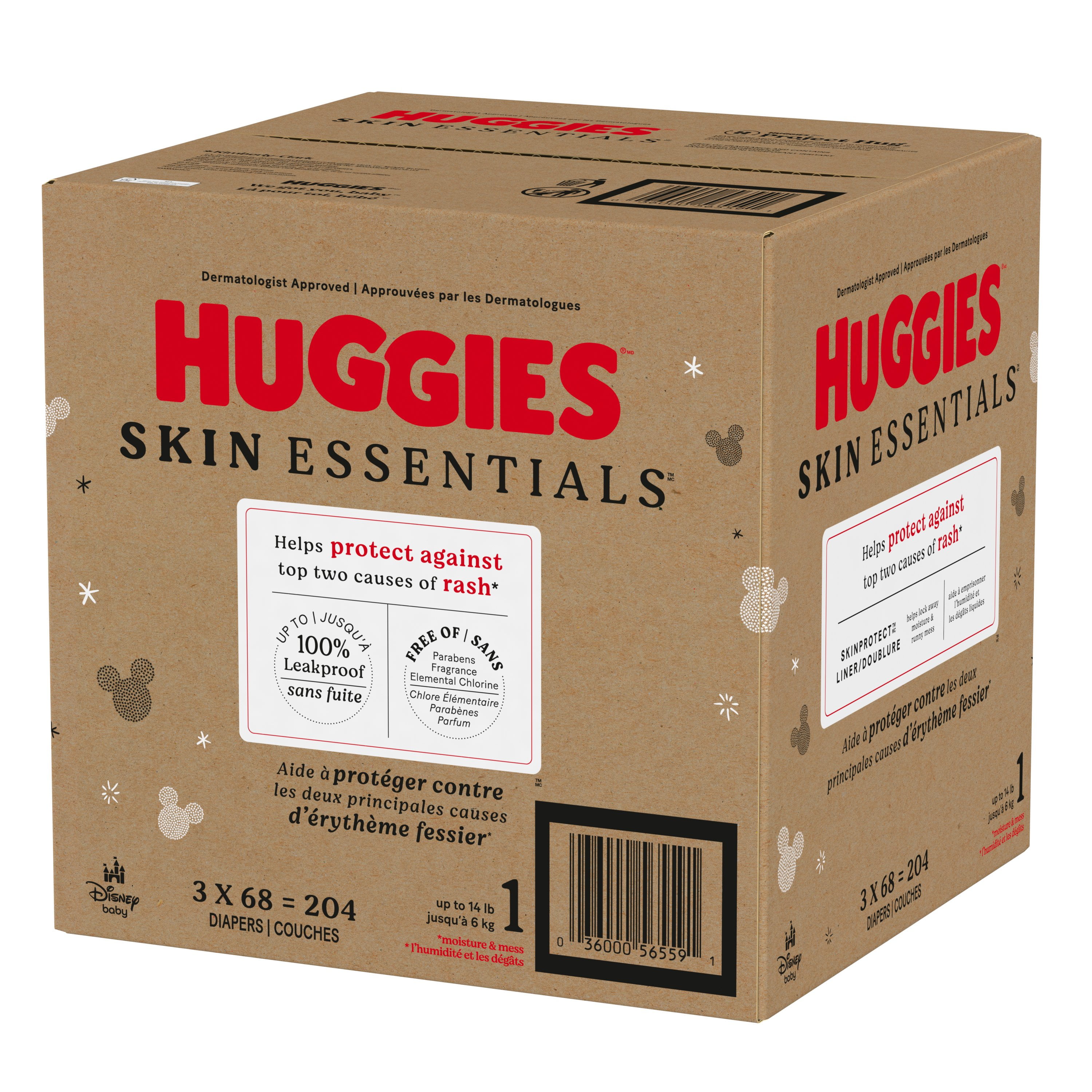 Couches pour bébé Huggies Skin Essentials, taille 1 (8 à 14lb), 204 Unités