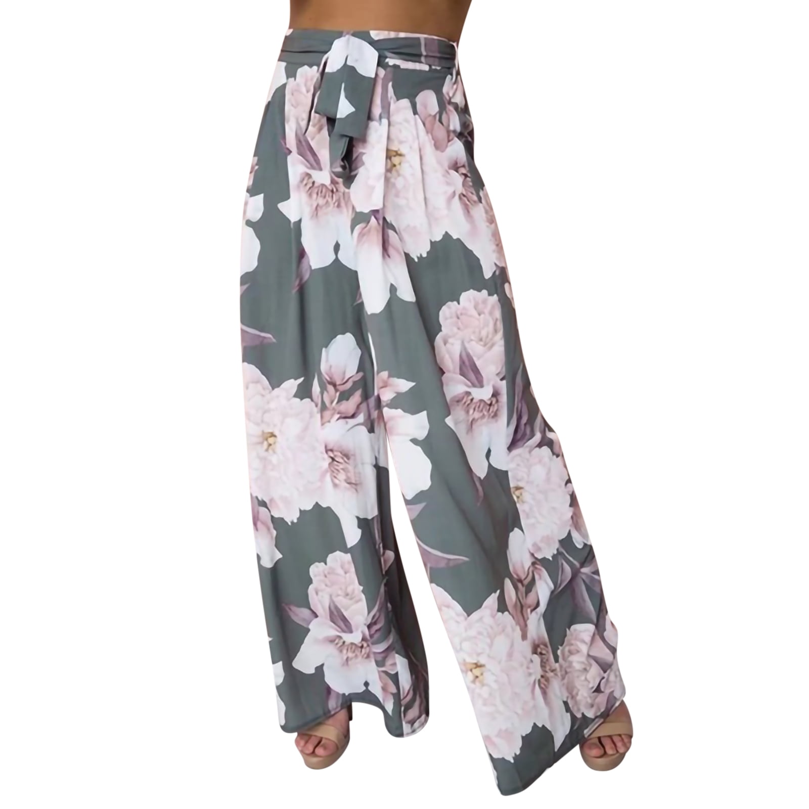 Womens High Waist Boho Floral Palazzo Pants Elastic Waist Floral Beach