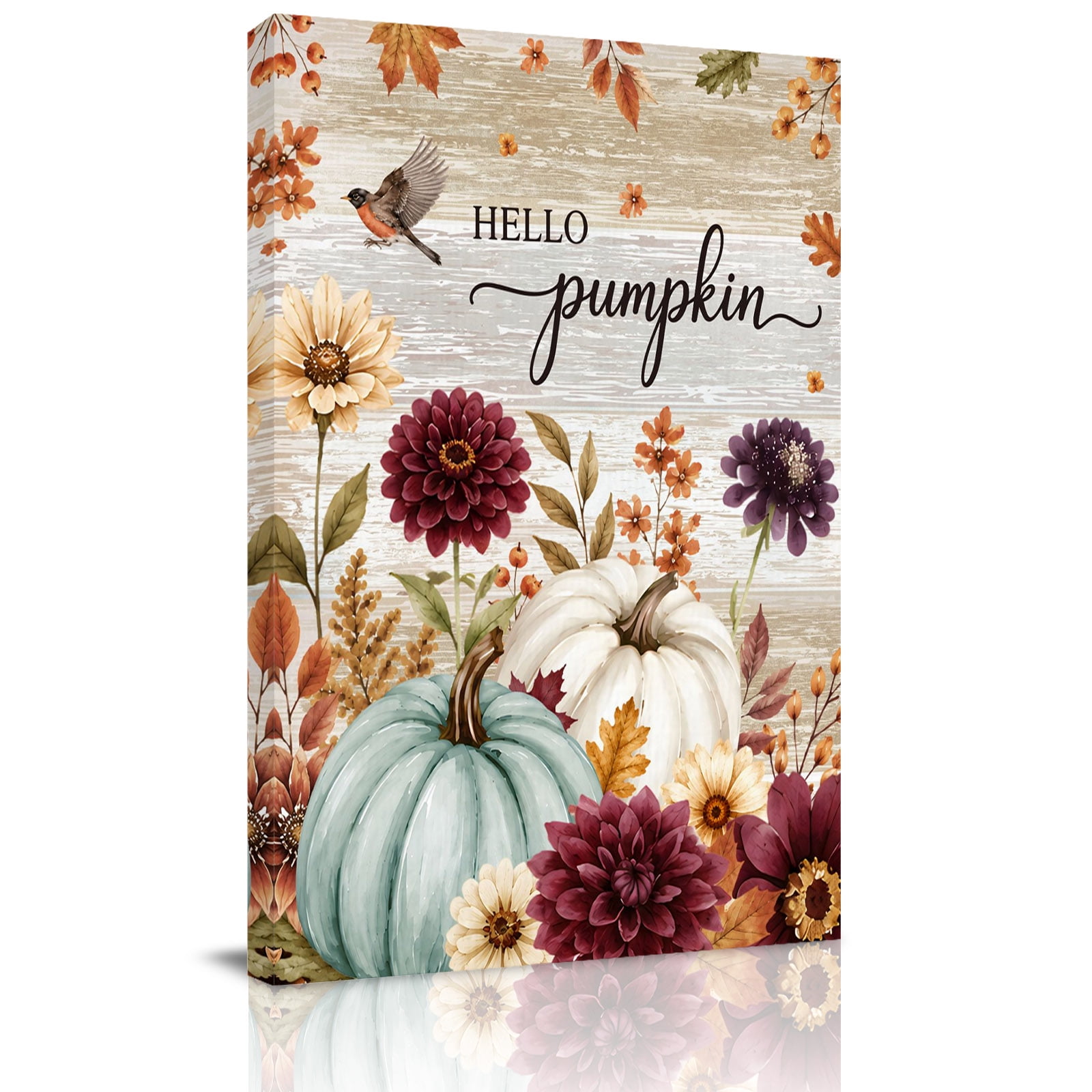 Canvas Wall Art Thanksgiving Framed Canvas Prints for Hallway Living Room Fall Blue White Pumpkin Flowers Leaves Wooden Extra Large Gallery Wrapped Wall Decor for Home Office Gifts 20 x30