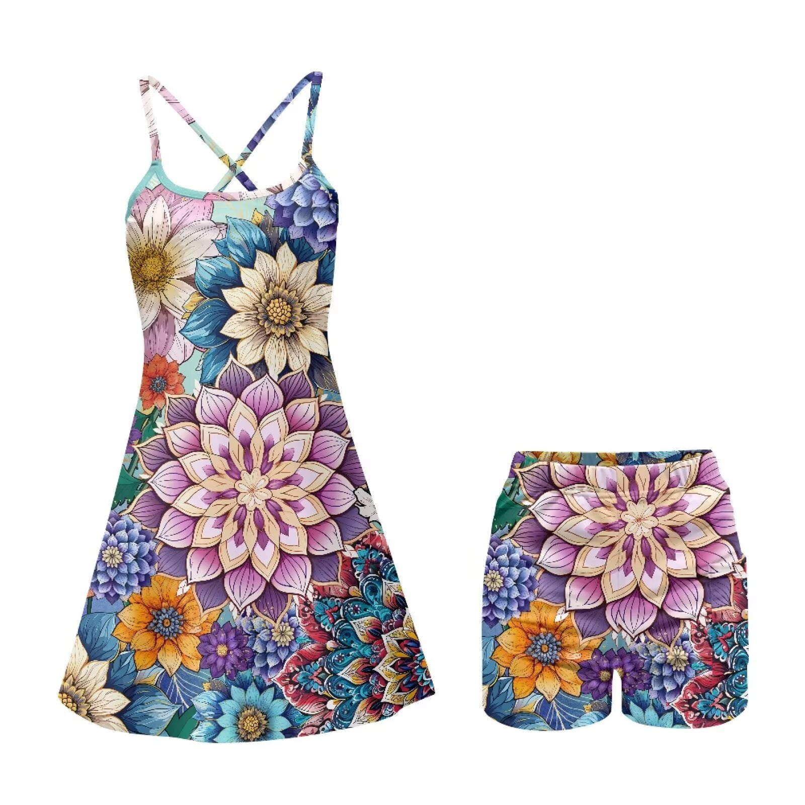 Yuyamidu Boho Flowers Womens Tennis Dress, Breathable Golf Workout Dress with Built-in Shorts Pockets, Comfy Athletic Dresses with Spaghetti Straps Size S