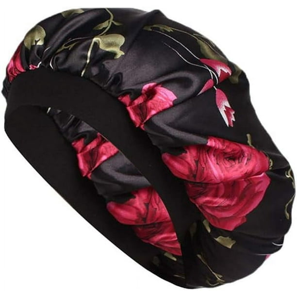 Zhuge Gorro de seda suave para mujer, gorro de seda con banda extra ancha para cabello natural, gorro de dormir de noche cómodo de satén con estampado elegante (A)
