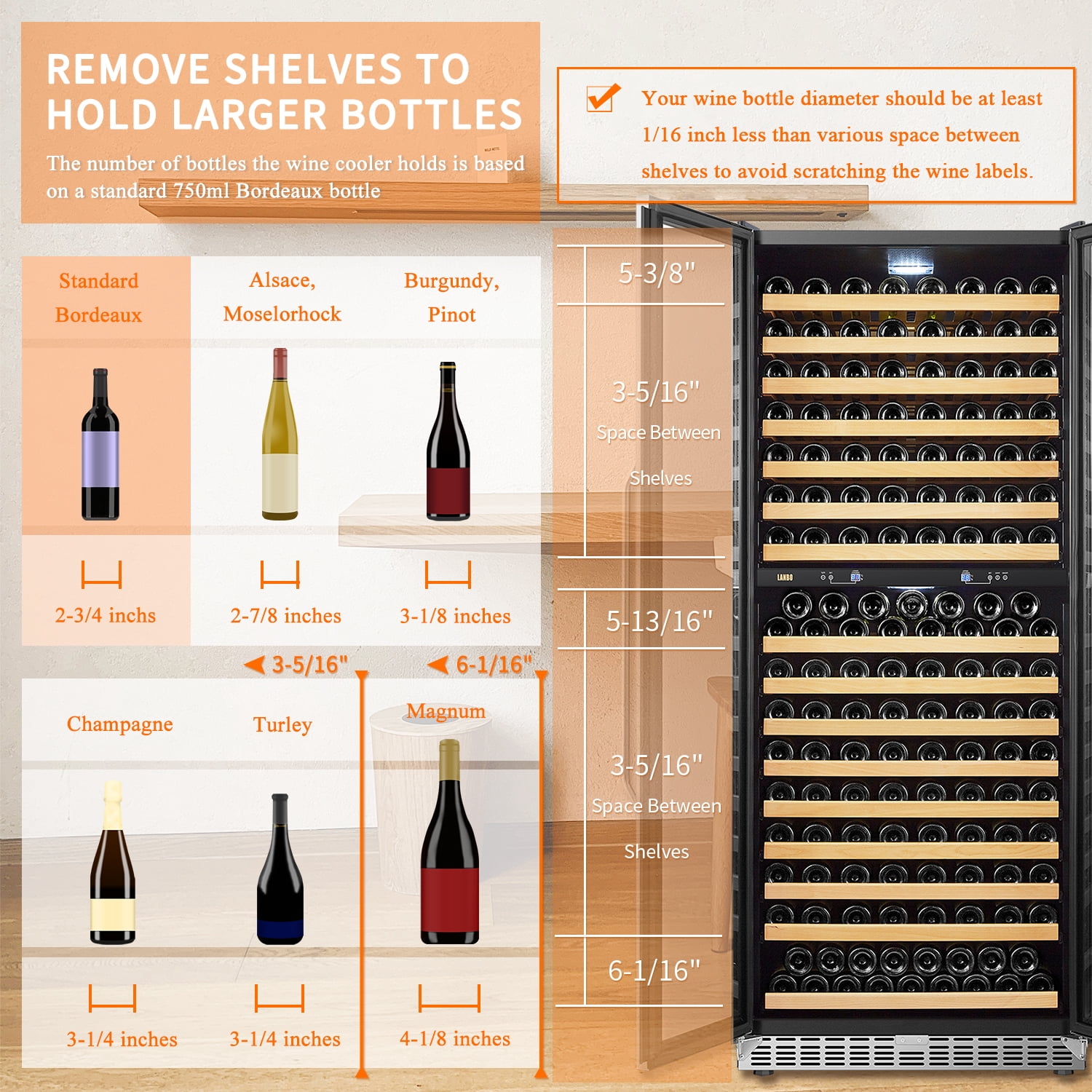 Lanbo 32 inch 255 Bottle Dual Zone Compressor Freestanding Wine Refrigerator