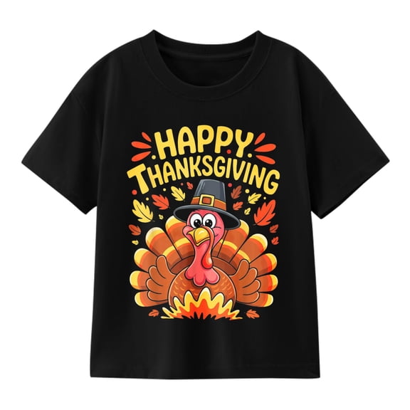 Boys' Thanksgiving Turkey Graphic T-Shirt, 100% Cotton Short Sleeve Shirt