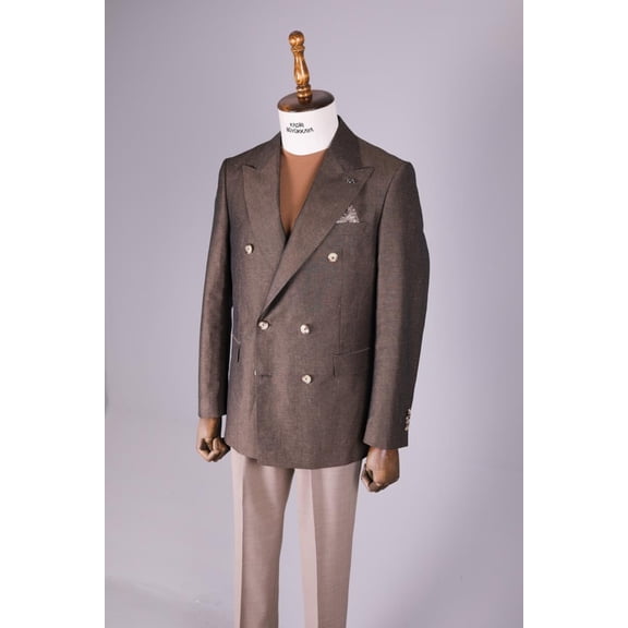 Men's Classic Jacket, Modern Cut 100% Linen Brown Double Breasted Jacket