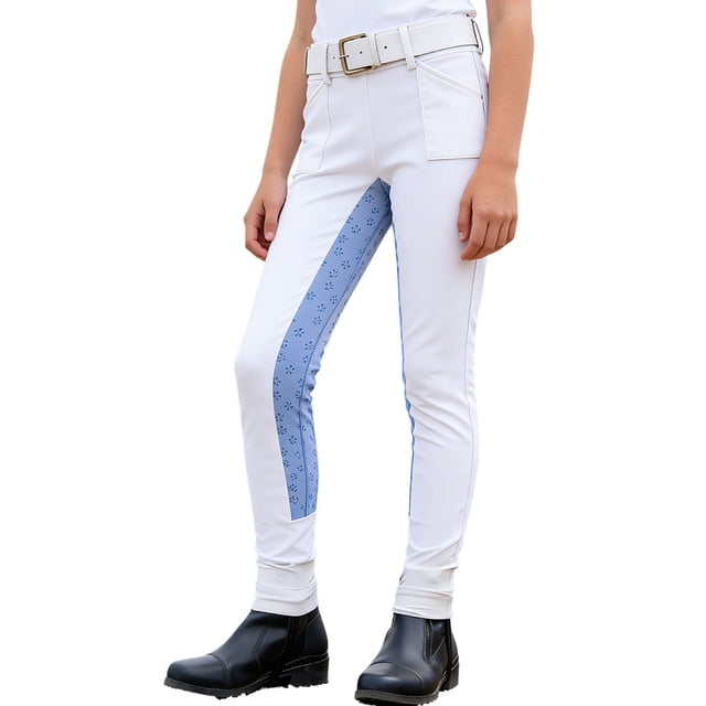 dPois Kids Girls Horseback Riding Tights High Waist Arena Training Breeches with Pockets for Riding White 6