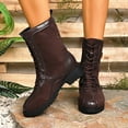 thumbnail image 3 of Womens Riding Boots Fashion Splice Leather Lace up High Top Winter Motorcycle Booties Lug Sole Low Heel Mid Calf Boots Brown 5, 3 of 6
