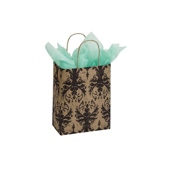 SSWBasics Medium Distressed Damask Paper Shopping Bags - 8 ¼”L x 4 ¾”D x 10 ½”H - Case of 100