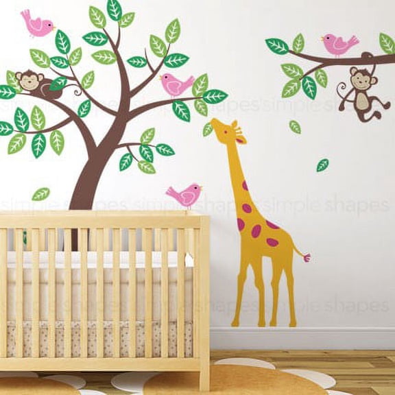 Tree Wall Decal with Monkeys Giraffe and Birds - Scheme B