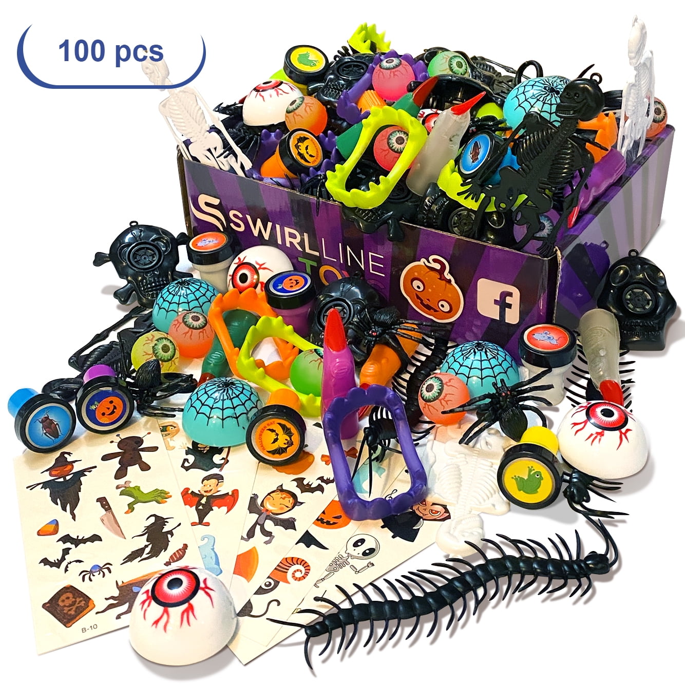 A purple box with a variety of small Halloween toys around and in it