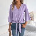 thumbnail image 6 of Vynhevius Womens 3/4 Sleeve Blouses V Neck Button Front Tie Hem Flared Solid Loose Casual Pullover Shirts, 6 of 8