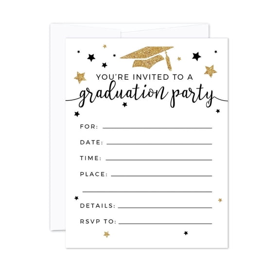 Koyal Wholesale White and Gold Glitter Graduation Paper Invitations, Blank Cards with Envelopes, 20-Pack