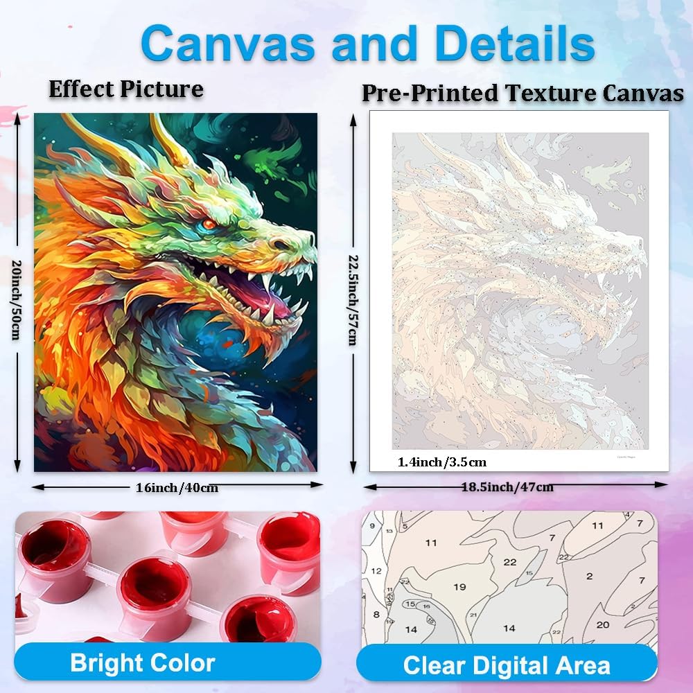 SKRYUIE Paint By Numbers Kit For Adults – Dragon Oil Painting On 16x20 Inch Canvas, Includes Brushes & Paint, Beginner DIY Art