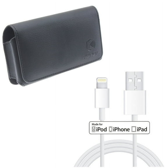 6ft MFi USB Cable w Case Belt Clip for iPhone 8/7/6S/6 - Certified Charger Cord Power Wire Sync, Leather Swivel Holster Loops Cover for iPhone 8/7/6S/6 Models