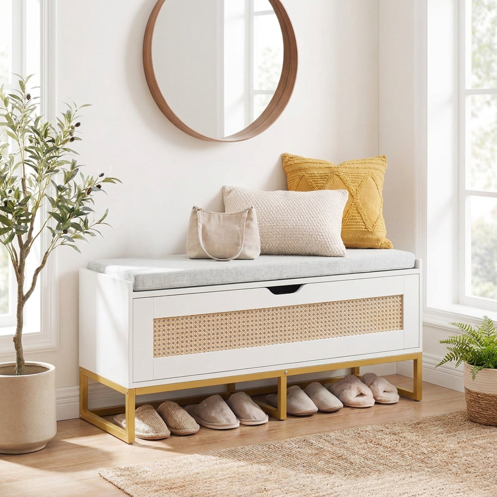 Furnibear 39.5 Inch Rattan Storage Chest Wicker Shoe Storage Bench with Padded Seat and Flip Top Lid for Entryway Bedroom and Living Room, White