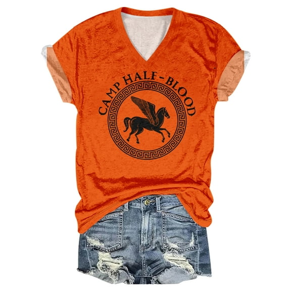 Camp Half-Blood Merch T-shirt V-Neck Short Sleeve Orange Tee Men Women Streetwear Tops