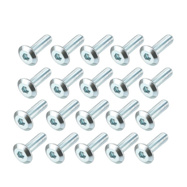 tornillos hexagonales m6x20mm de acero al carbono galvanizado, paquete de 20 — 20 tornillos plateados dispuestos en cuadrícula, cabeza hexagonal avellanada, rosca M6 paso 1 mm y acabado galvanizado; longitud bajo cabeza 20 mm, indicados para muebles, cocinas y proyectos de carpintería.