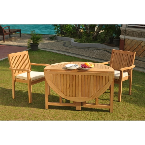 Grade-A Teak Dining Set: 2 Seater 3 Pc: 48" Round Butterfly Table And 2 Leveb Stacking Arm Chairs Outdoor Patio WholesaleTeak #WMDSWVm