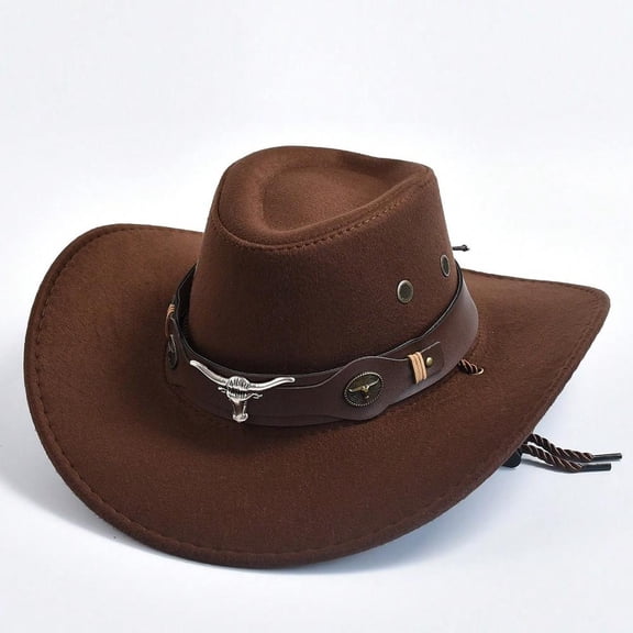New Vintage Western Cowboy Hat Suede Cowgirl Hat Ox Head Belt Rivet Fedora Hats for Men Women Outdoor Travel Wide Brim Sun Cap