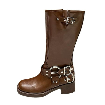 

eileial Women s Motorcycle Mid Calf Biker Boots Round Toe Low Heel Fashion Buckle Short Riding Combat Fall Boots Brown 6