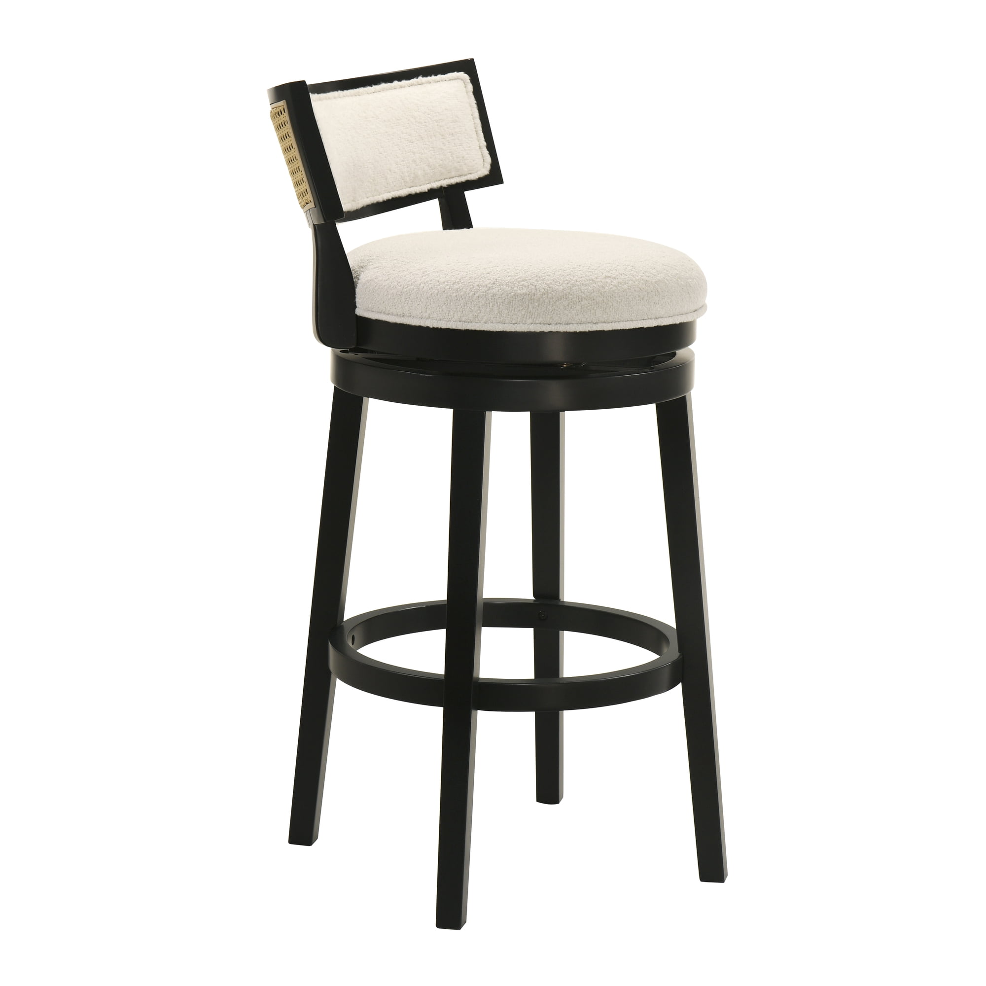 Noely Modern Farmhouse Swivel Wood Bar Height Kitchen Bar Stool in Black Finish with White Boucle Fabric Upholstered Seat - Set of 4