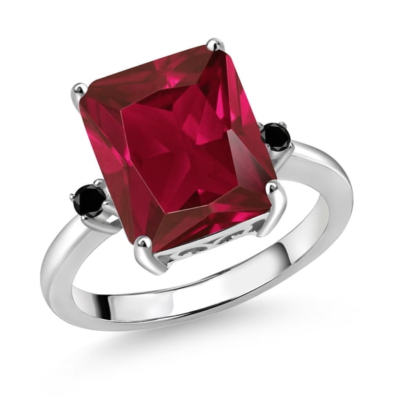Gem Stone King 925 Sterling Silver 12X10MM Red Created Ruby and 2MM Black Diamond 3 Stone Engagement Ring for Women | 5.77 Cttw | Gemstone July Birthstone | Size 9