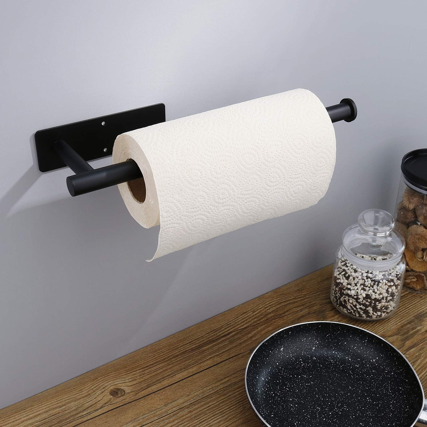 Paper Towel Holders for Kitchen- Under Cabinet Holder Roll Back Bathroom Towel, Wall Mounted Black Rack 304 Stainless Steel, Adhesive or Drilling Mounting