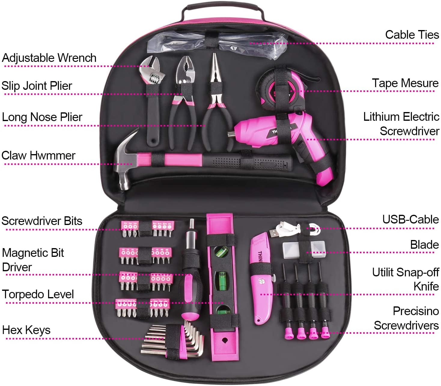 THINKWORK 122-Piece Pink Tool Kit with 3.6V Rotatable Electric Screwdriver-Ladies Home Work Kit