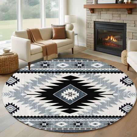 7ft Washable Round Rug Vintage Aztec Non-Slip Circle Area Rug for Living Room Dining Room Ethnic Tribal Style Blue Grey Mottled Geometric Indoor Floor Mat for Home Decor