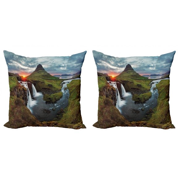 Ambesonne Nature Throw Pillow Cover 2 Pack, Cascade Stream Wildlife, 24", Multicolor