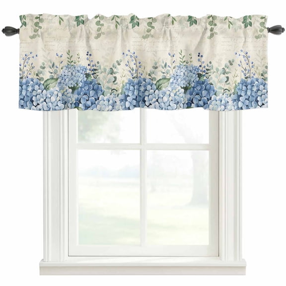 Blue Hydrangeas Leaves Window Valance Curtain Floral Vintage Rod Pocket Short Curtain for Living Room, Bedroom & Kitchen Window Decor 42x12in