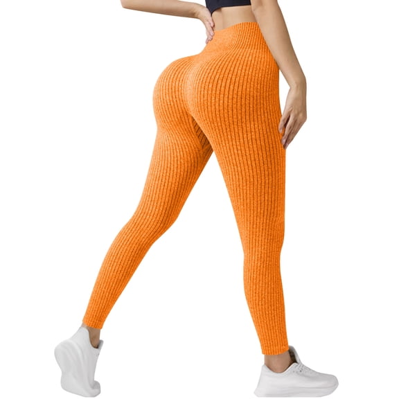 Stamzod Womens Leggings Tummy Control Ribbed Knit Workout Leggings Casual High Waisted Gym Yoga Pants for Women Orange XS