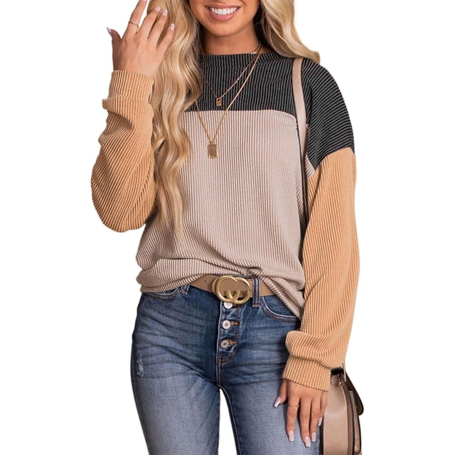 Dokotoo Moda para mujer 2023 Bloque de color Manga larga Cuello redondo Jersey de punto Sudadera Tops