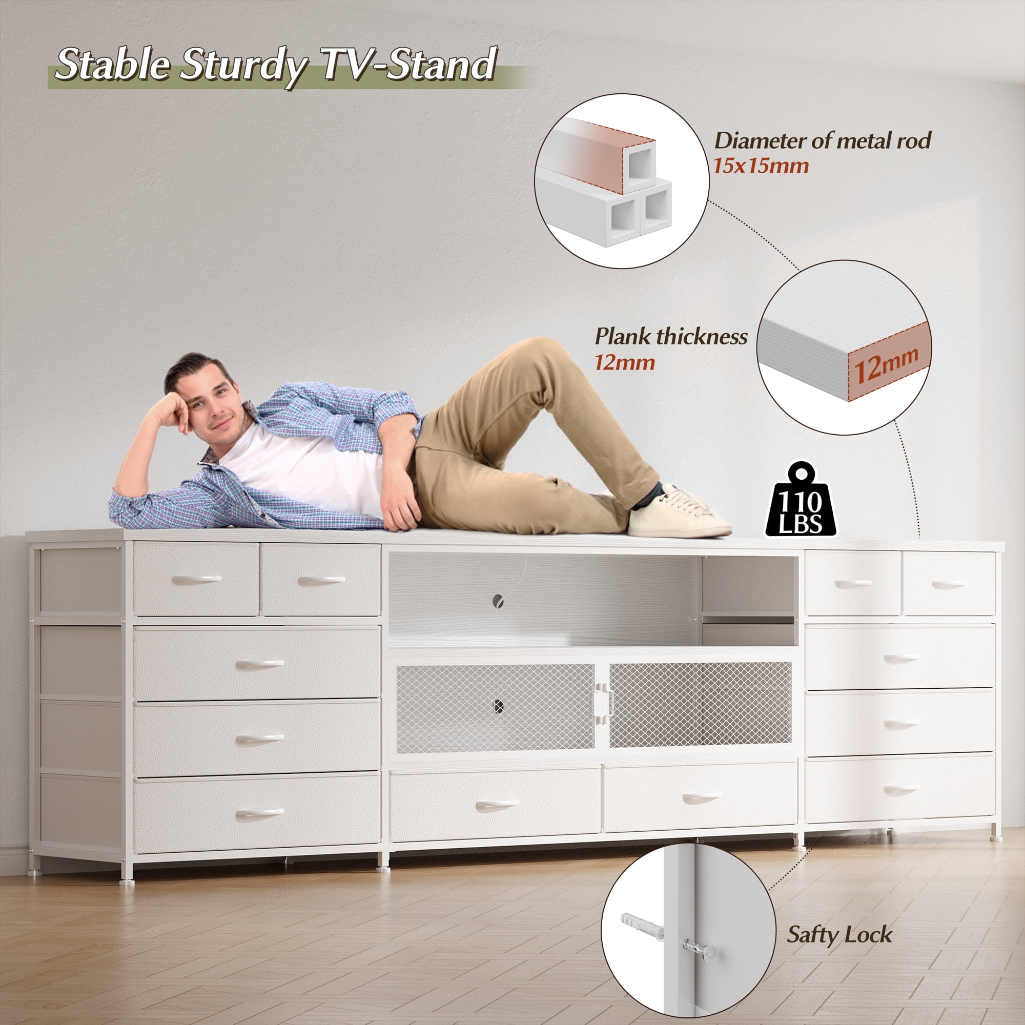 EnHomee TV Stand for Bedroom White Dresser with Drawers TV Console Table with Storage & LED & Charge Station