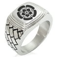 thumbnail image 1 of Stainless Steel Nobunaga Oda Samurai Crest Geometric Pattern Step-Down Biker Style Polished Ring, 1 of 1