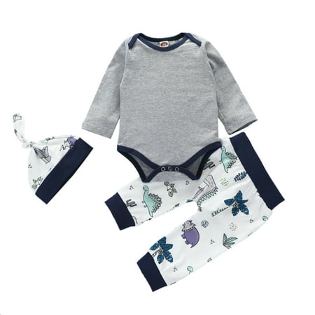 

Carolilly 3Pcs Toddler’s Autumn Suits Round-Collar Long-Sleeves Rompers Top + Casual Pants + Cartoon Dinosaur Hat Outfit for Baby Boy Girl