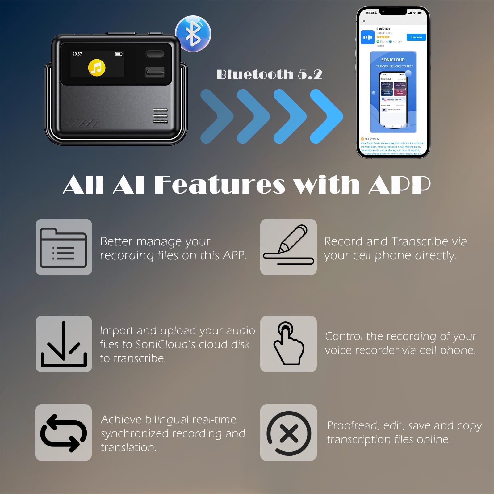 RONY 128GB AI Voice Recorder with Voice-to-Text Transcription Translation: 3072kbps Magnetic Voice Activated Recorder for Lectures Meetings Interviews