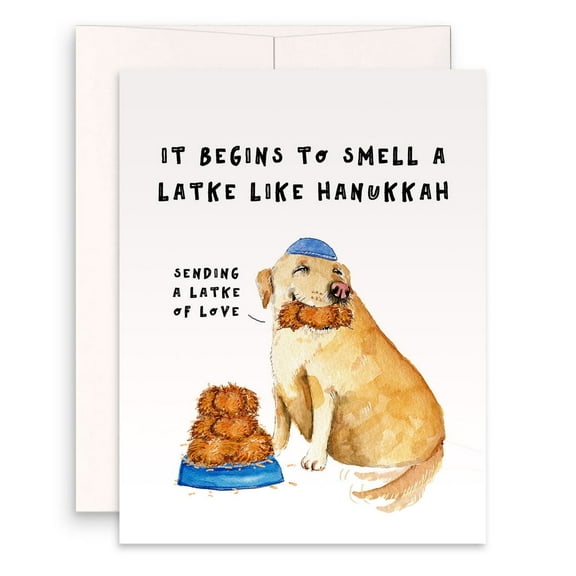 Funny Hanukkah Card – "It Begins to Smell a Latke Like Hanukkah" – Cute Dog Illustration – Blank Inside – Perfect for Sending Wishes During the Festival of Lights