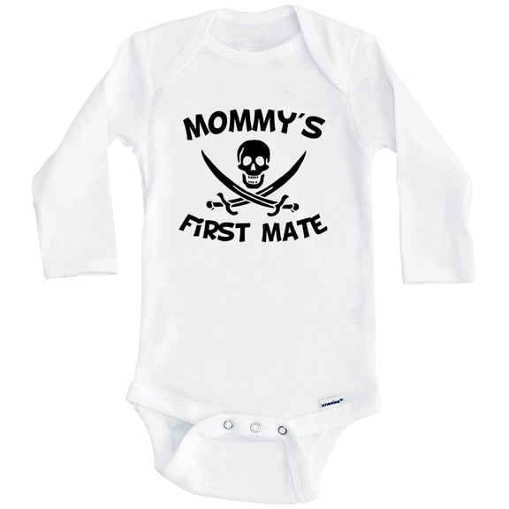 Mommy's First Mate Funny Pirate One Piece Baby Bodysuit (Long Sleeve), 3-6 Months White