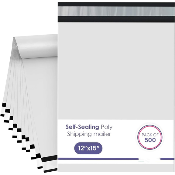 White Large Poly Mailers 12x15.5 Inch | Strong Adhesive Self-Seal Mailer Bag | Tear, Tamper, Water Resistant Shipping Envelopes | Thick Strong polymailer Bags | Clothing Shipping Bags | 500 Pcs Bulk