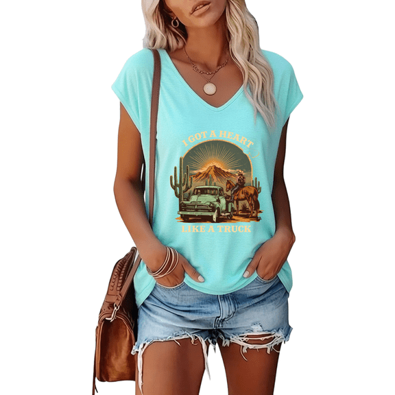 UNISHE Women's Blue Western Cowboy Truck Print V Neck Sleeveless T-Shirt Casual Country Tank Top S-5XL Tops