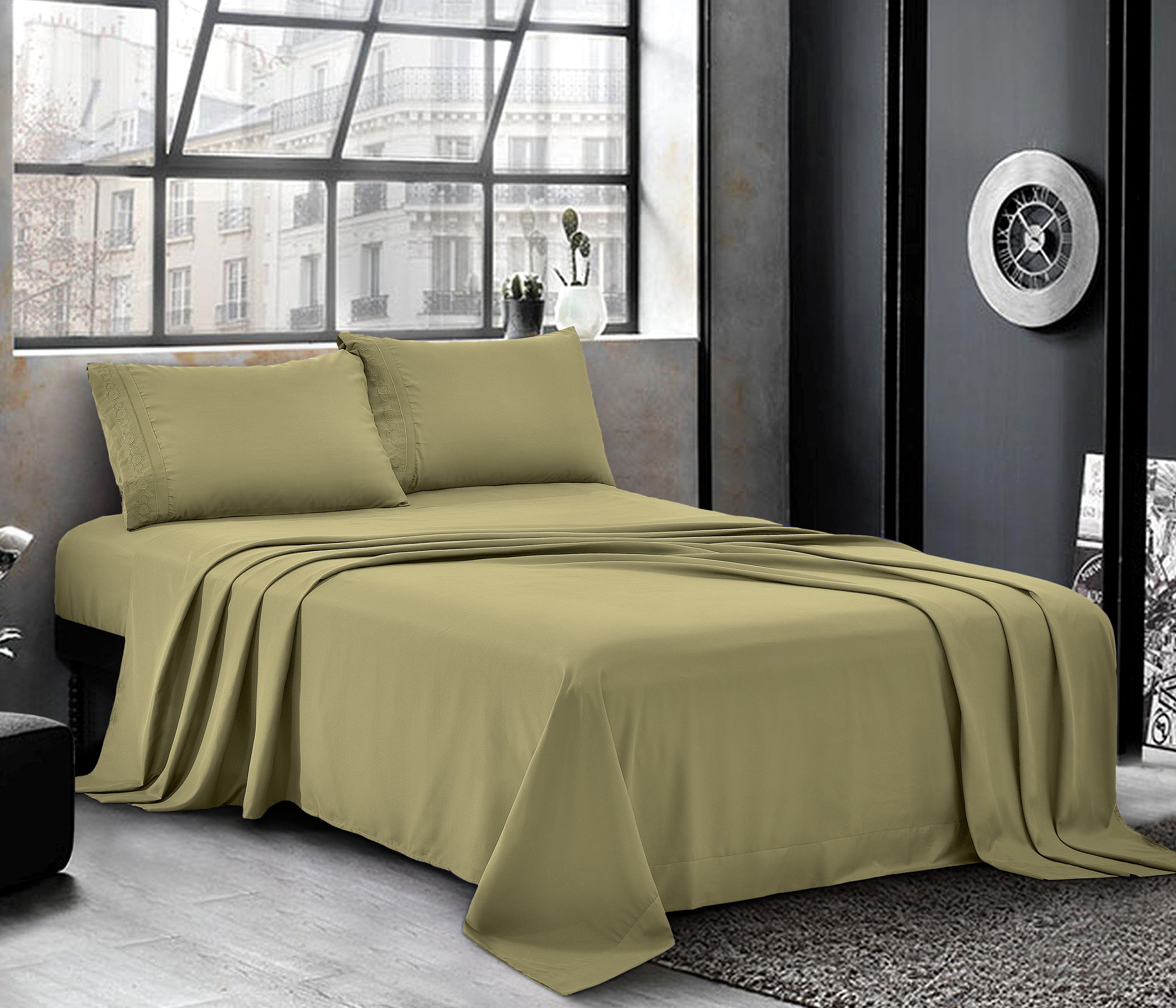 Bed Sheets Cal King Sheet Set [4Piece, Olive] Hotel Luxury 1800