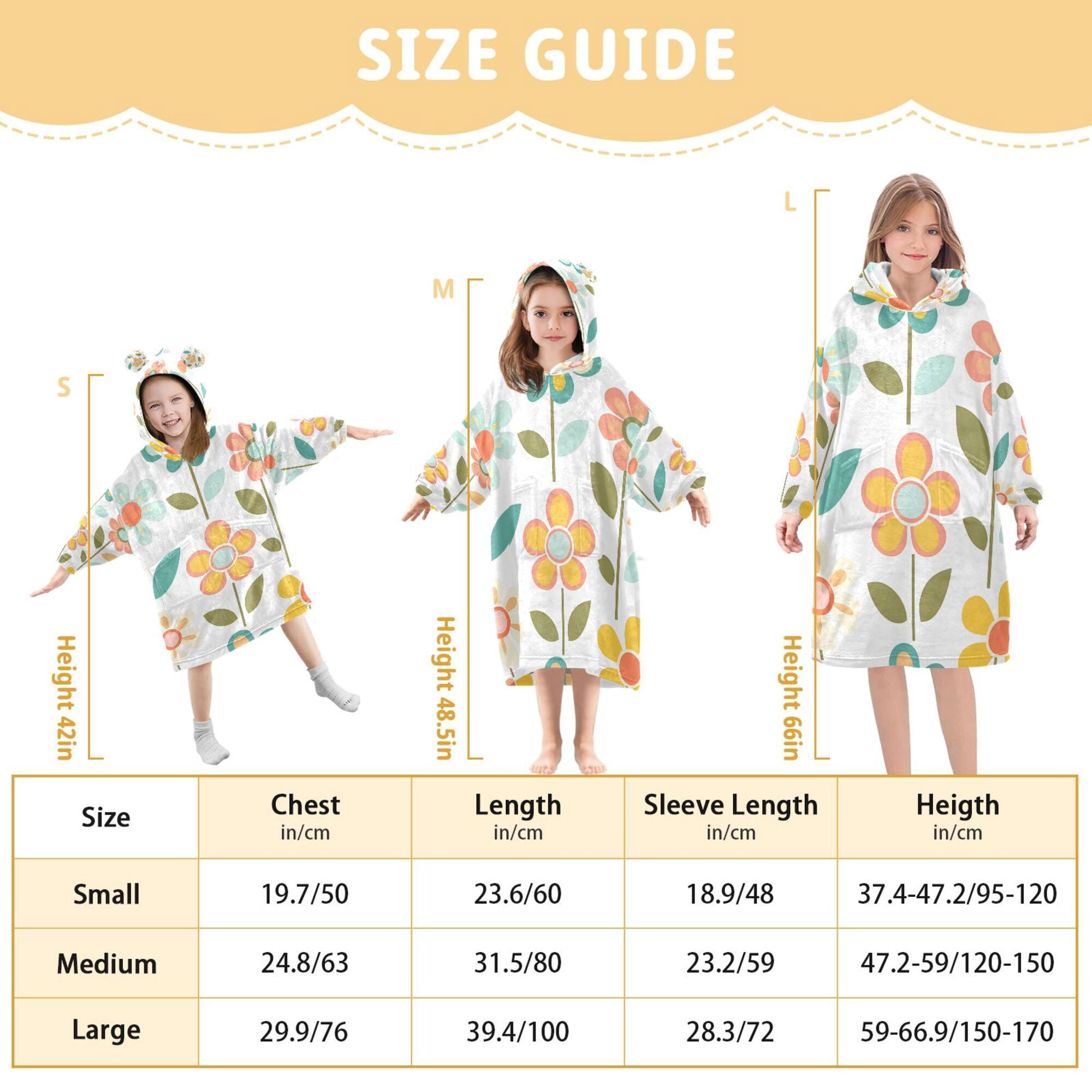 FORMRS Wearable Blanket Hoodie with Sleeves for Kids Cozy Flannel Sweatshirt, Orange Retro Flower