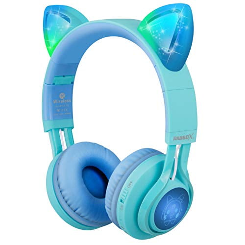 Riwbox Auriculares para niños, CT-7S Auriculares Bluetooth con Oreja de Gato con luz LED, limitación de Volumen de 85 dB, sobre la Oreja con micrófono para computadora portátil/PC/TV (Azul y Verde)
