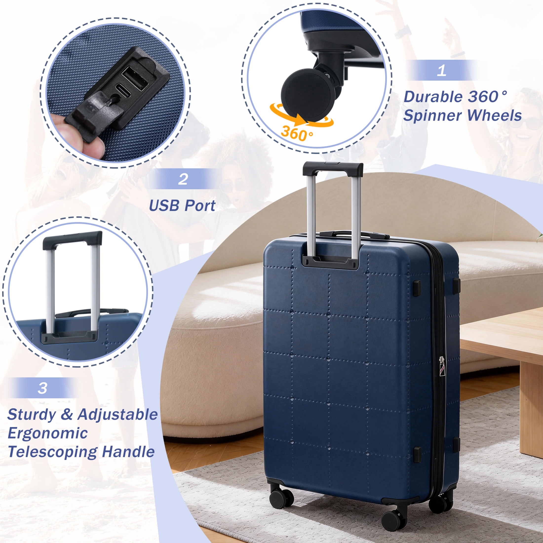 GDF Studio 5-Piece Hardside Luggage Set, Carry-On Suitcase with USB Port and Checked Bags, Spinner Wheels, Blue