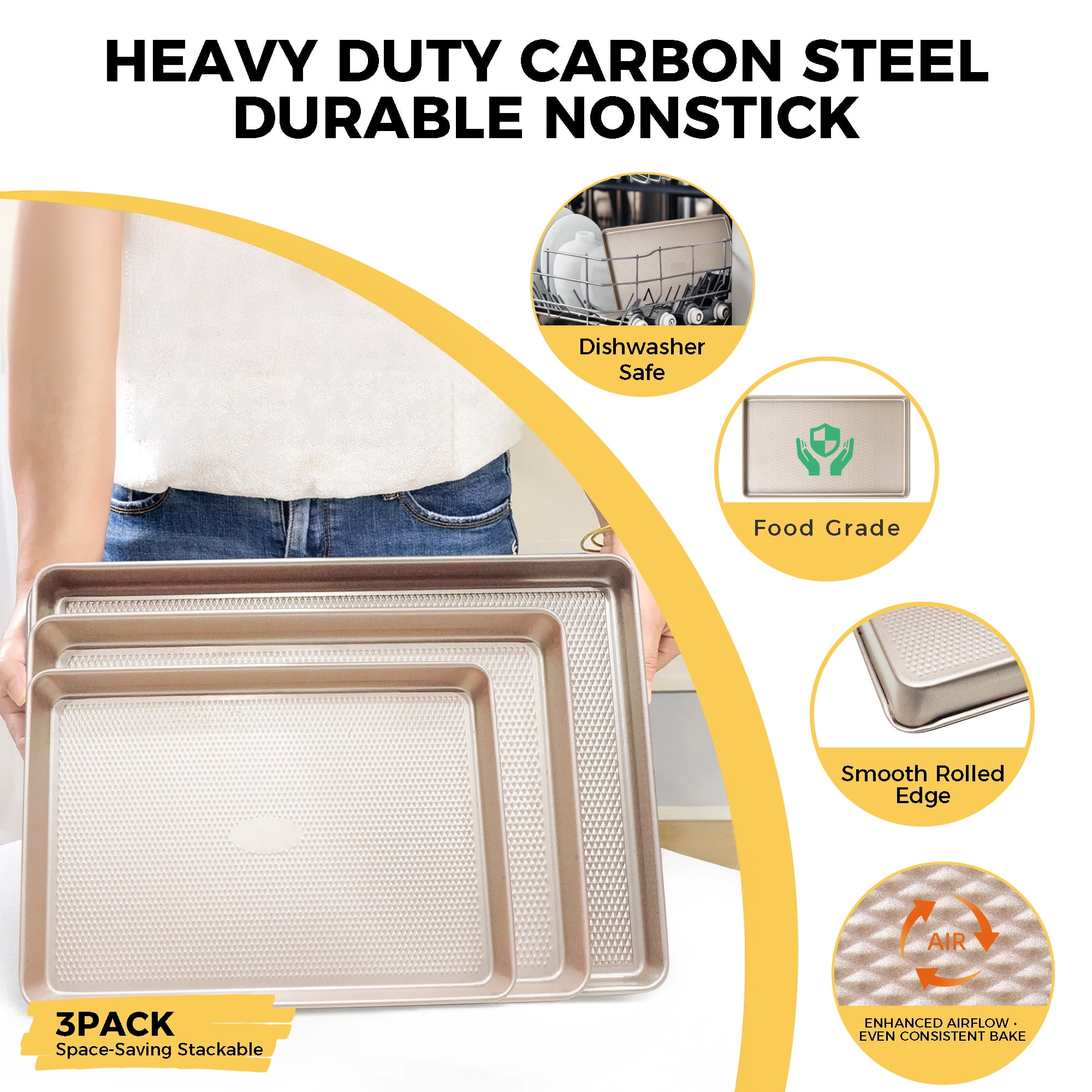 HONGBAKE Cookie Sheets Nonstick Sets, Baking Pan, Cookie Sheets for Baking with Diamond Texture Pattern, Heavy Duty carbon Steel Baking Sheet Pans for Oven - Diamond Gold