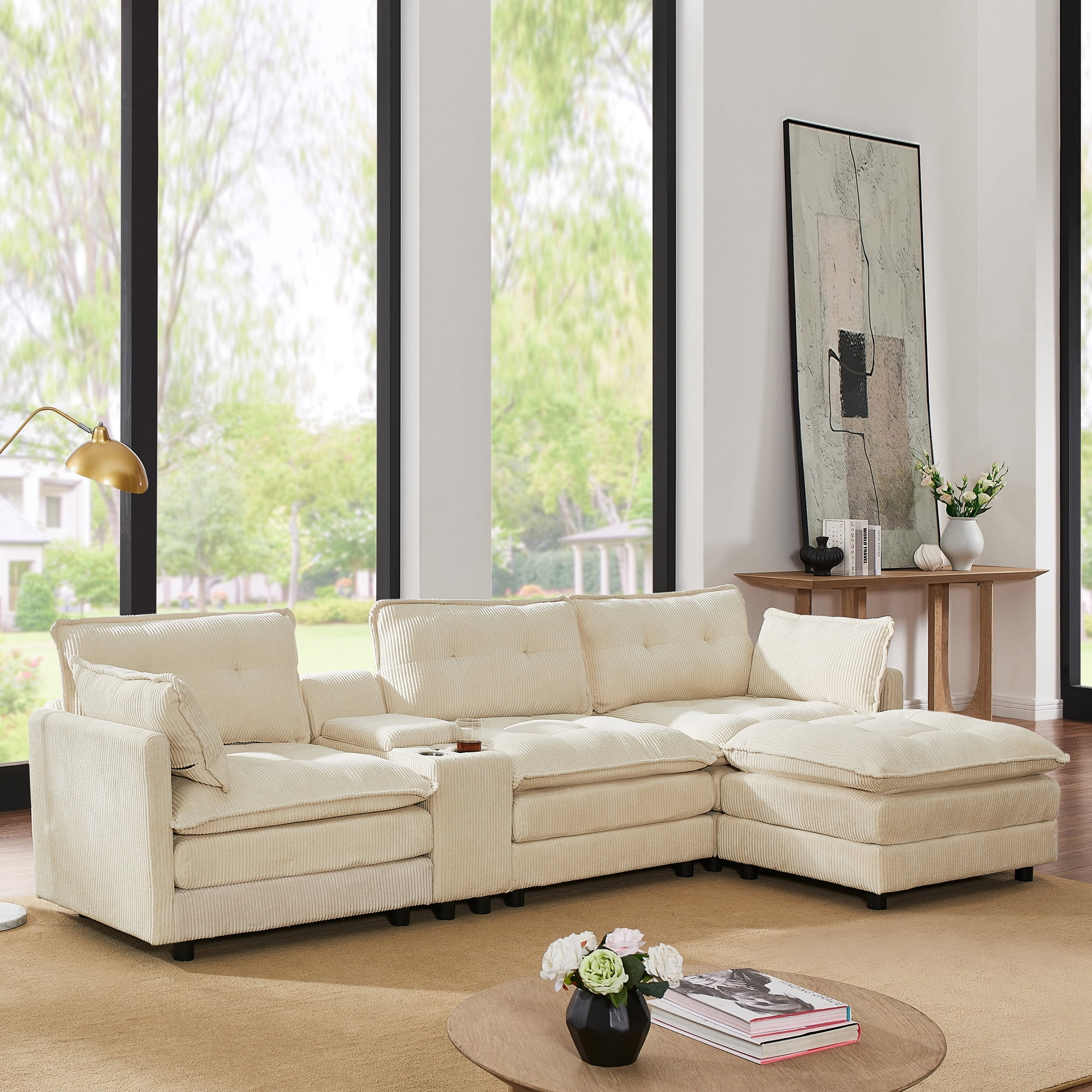 BSHTI 119" 4-Seat Corduroy L-Shaped Sectional Sofa with Multifunctional Console, USB Charging Ports, Cup Holder, Storage for Living Room (Beige)